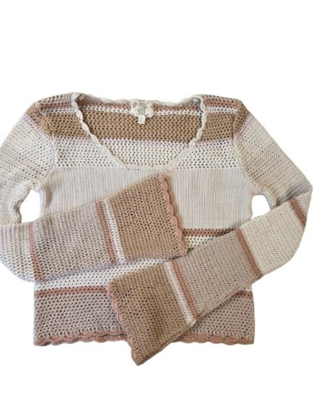 Hippie Rose Bell Sleeve Striped Mixed Knit Sweater Crochet Detail Size Large
